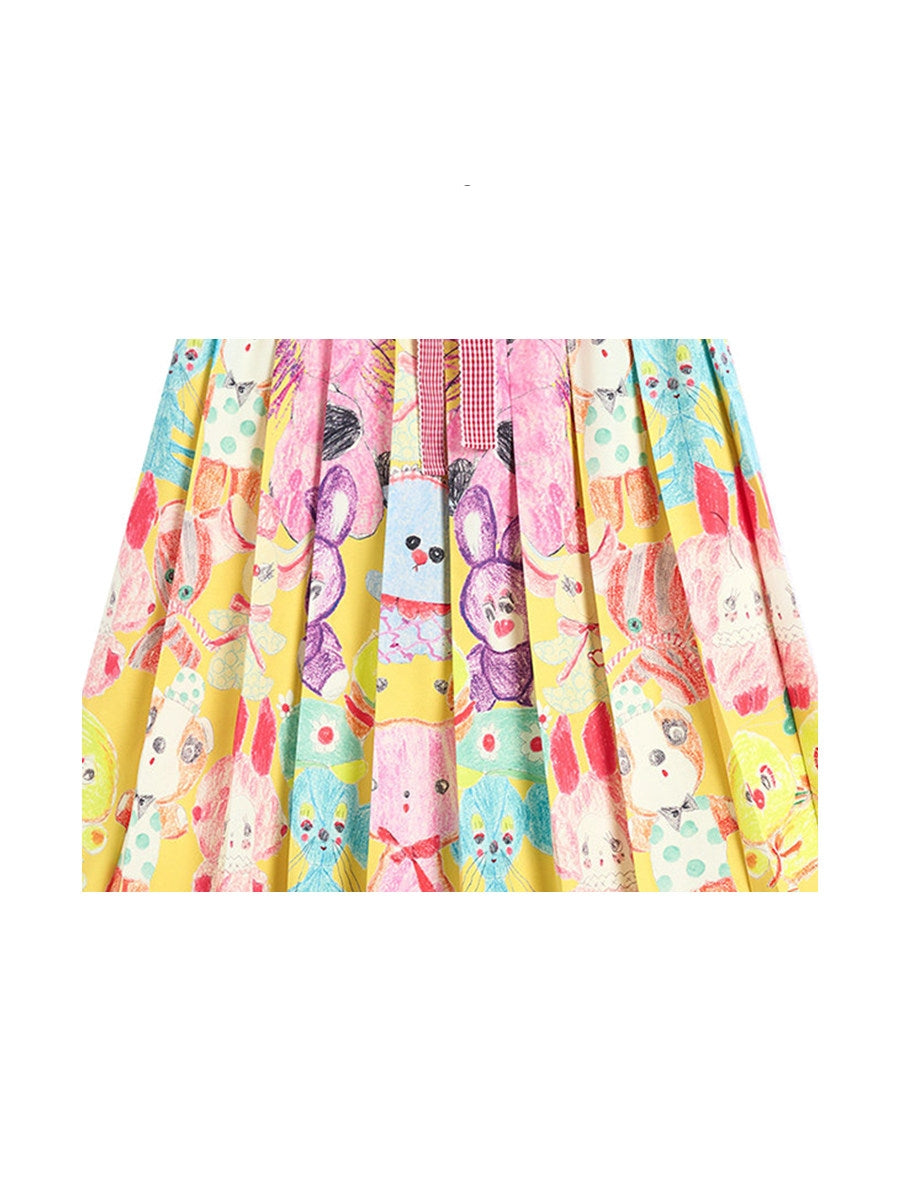 Color Block Doll Graffiti Pleated Long Skirt