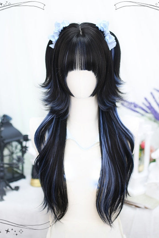 Long Black Curly Y2K Wig with Blue Highlights
