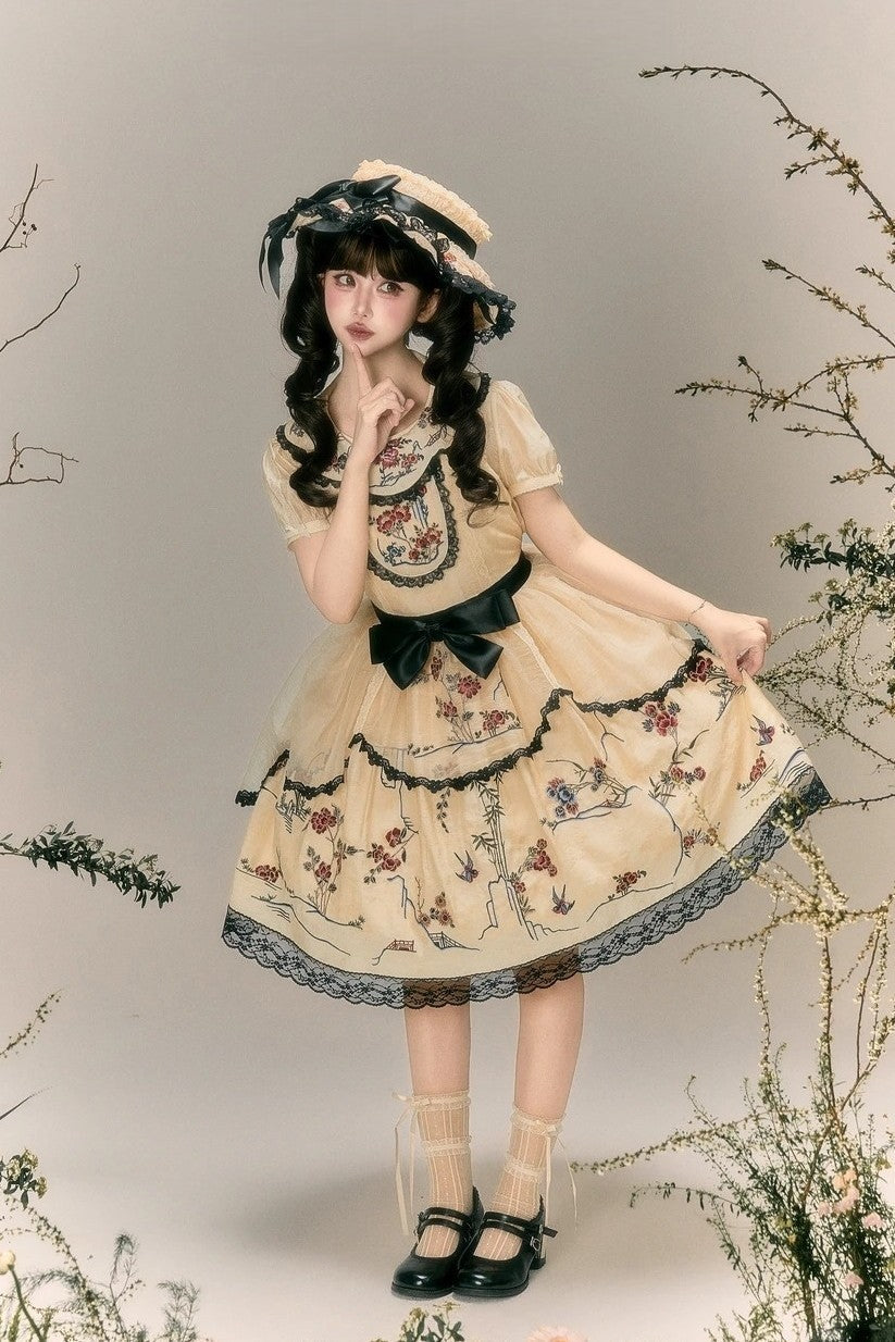 Floral Bird Amber Beige Hanfu Lolita JSK Dress Set