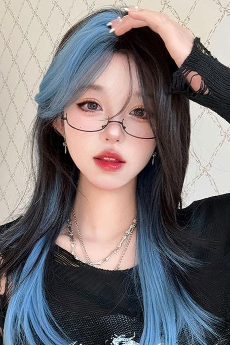 Long Straight Black to Blue Y2K Mixed Color Wig