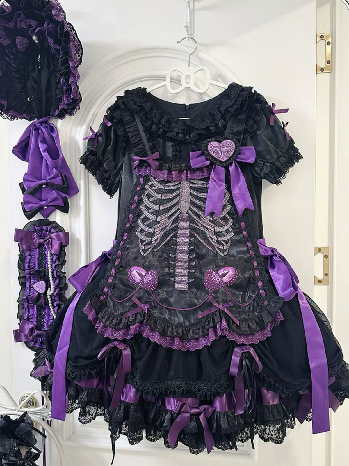 Strawberry Heart Bone Black and Purple Gothic Lolita OP Dress