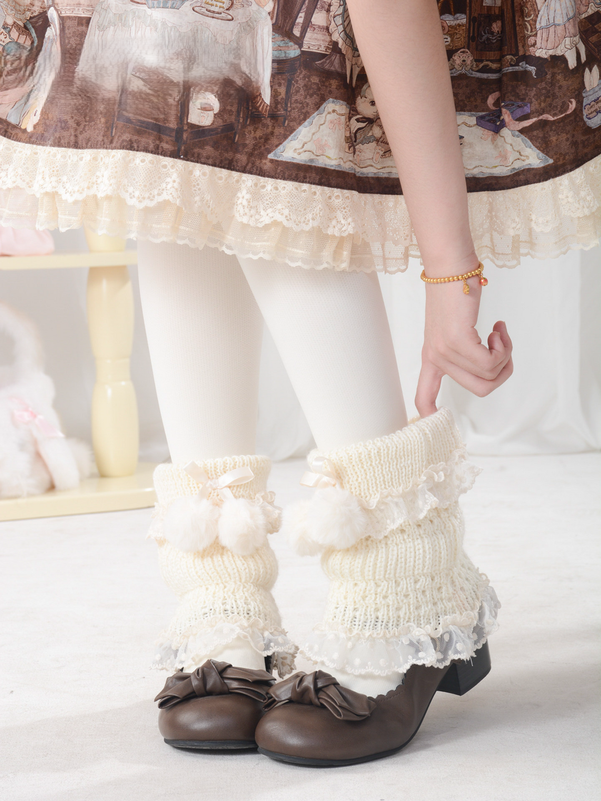 Sweet Wool Blend Pom Pom Bow Lace Trim Lolita Leg Warmers