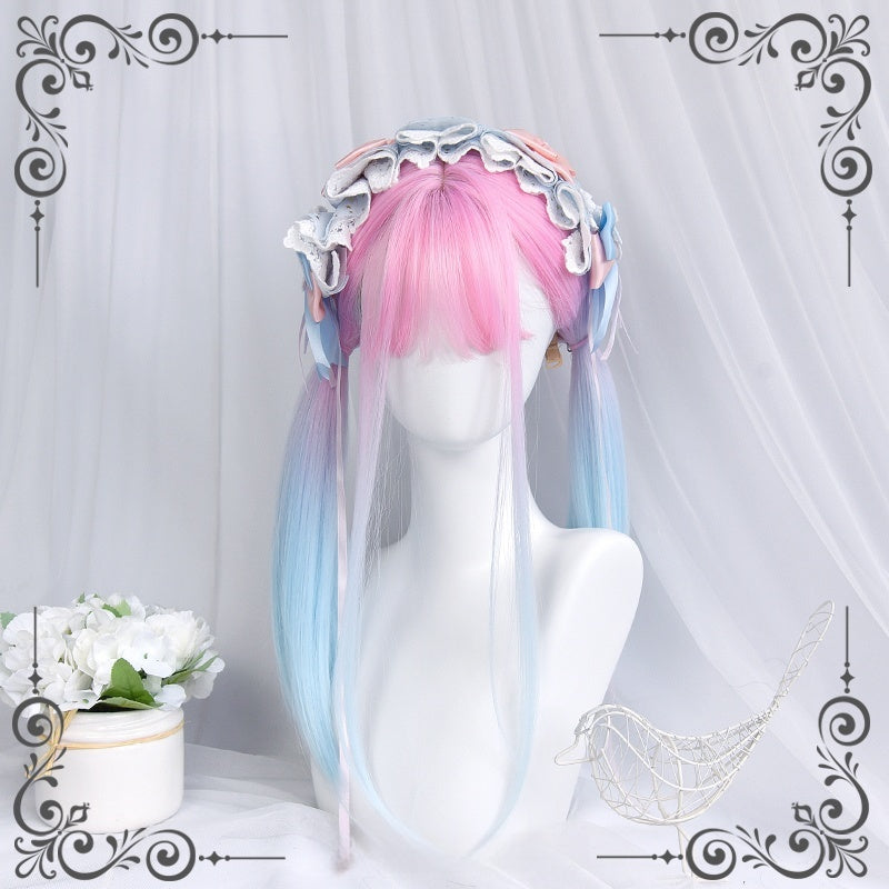 Long Straight Pink to Blue Mixed Color kawaii Wig