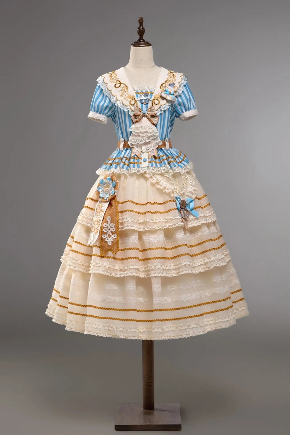 Antique Sailor Bear Blue Stripe Cropped Top Long Skirt Lolita Set