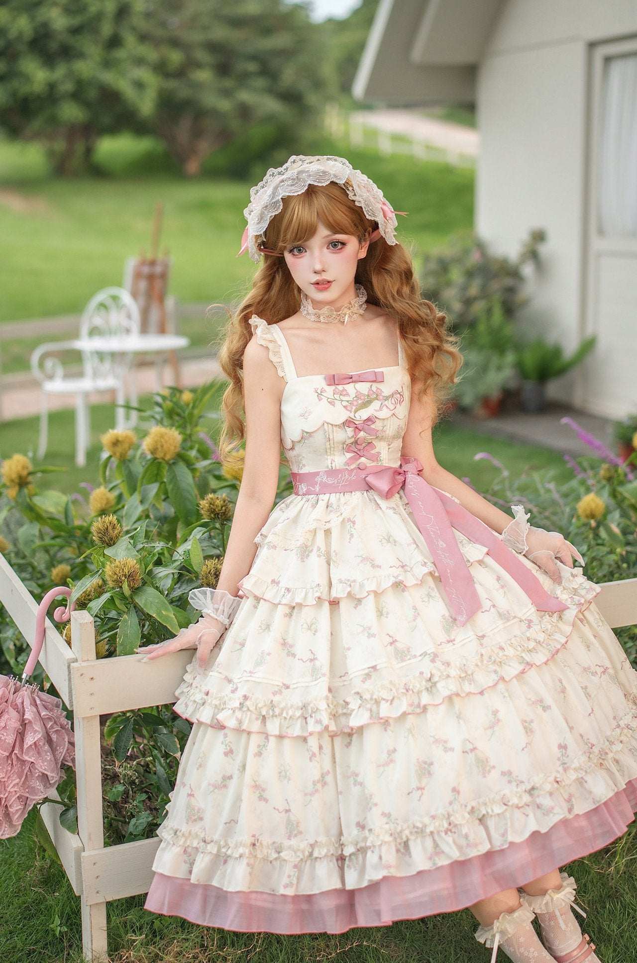 Fragrant Old Dream Pink Bellflower Embroidery Lolita OP & JSK