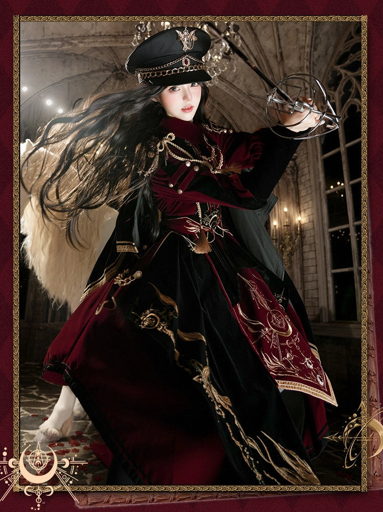 Final Relic Military Gothic Lolita Red & Black OP Dress Full Set