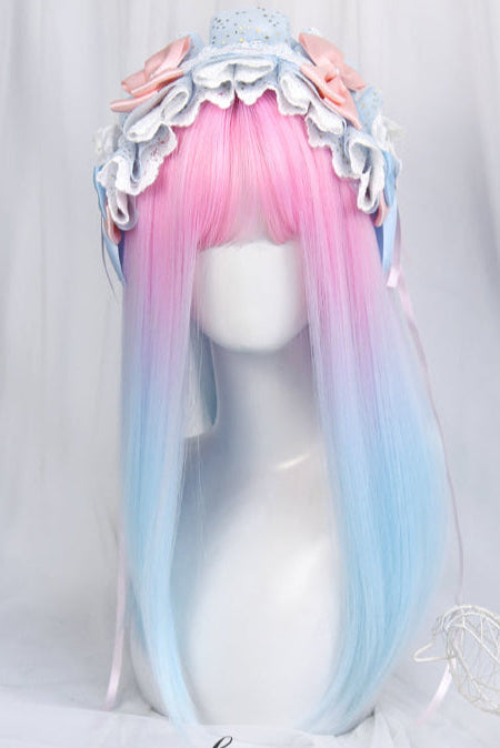 Long Straight Pink to Blue Mixed Color kawaii Wig