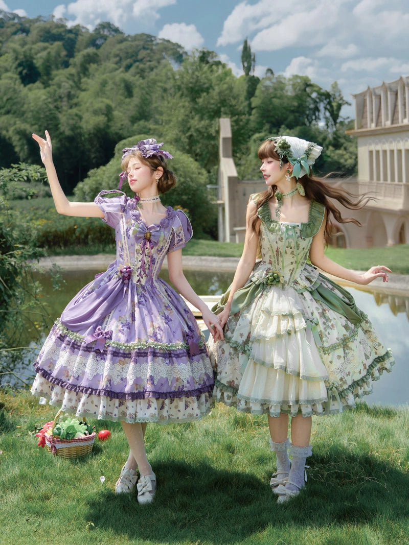 Merlot Maiden Manor Lolita Original Design Elegant Grape Print OP Dress Set