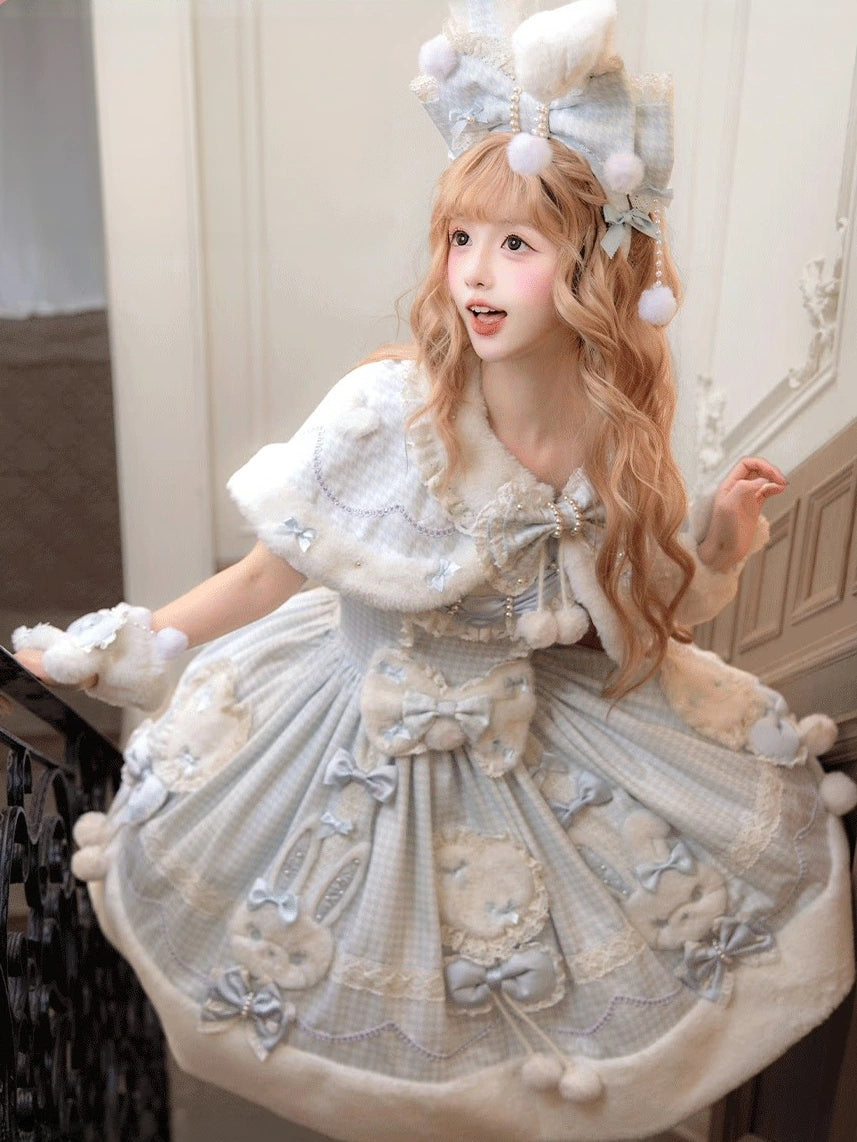 Bunny Ball 2.0 Lolita Winter Doll Style JSK Cape Set Blue Plaid Version