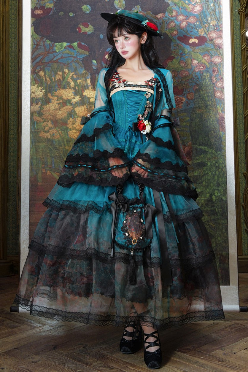 Misty New Dawn Peacock Blue Classic Lolita Long JSK Tea Party Set