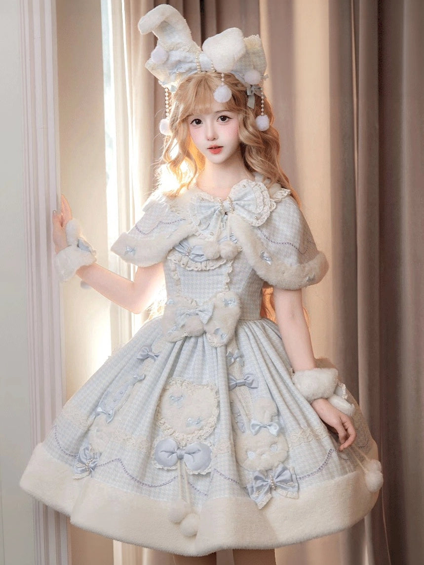 Bunny Ball 2.0 Lolita Winter Doll Style JSK Cape Set Blue Plaid Version