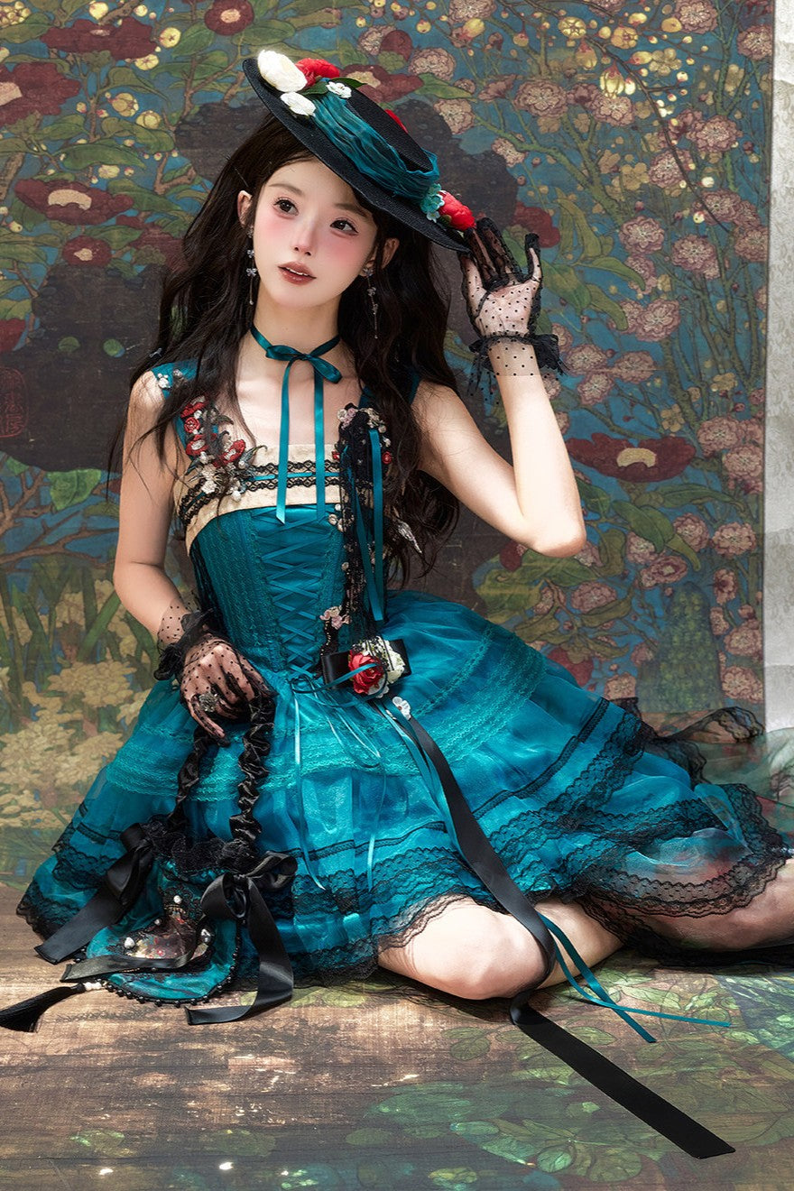 Misty New Dawn Peacock Blue Classic Lolita Short JSK Tea Party Set
