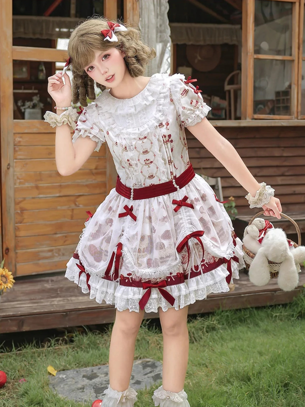 Strawberry Heart Bone White Red Gothic Lolita OP Dress or JSK