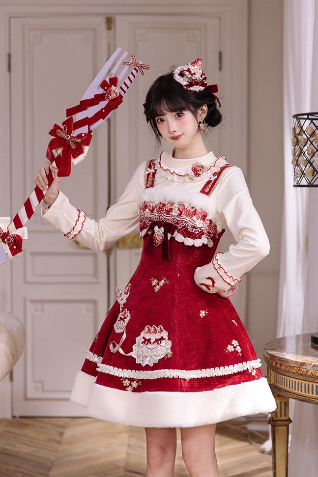 Pale Snow Strawberry Lolita Christmas Sweet Embroidery JSK Dress