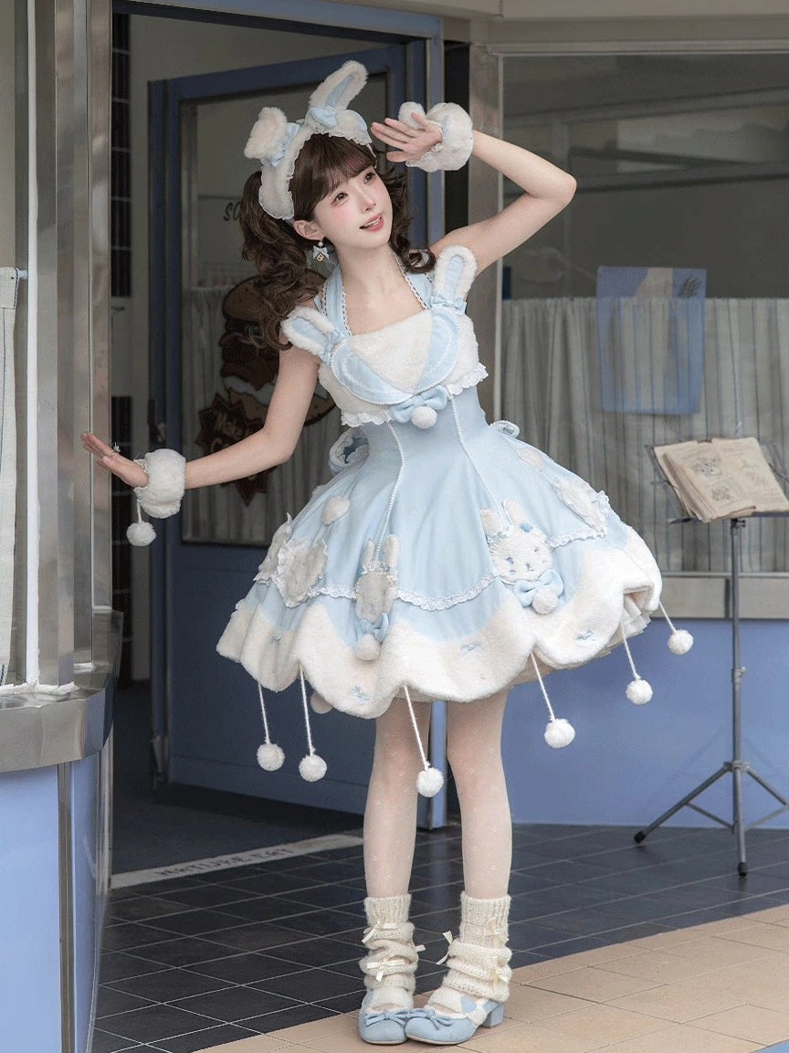 Bunny Ball 2.0 Lolita Winter Doll Style JSK Cape Set Blue Halter Version