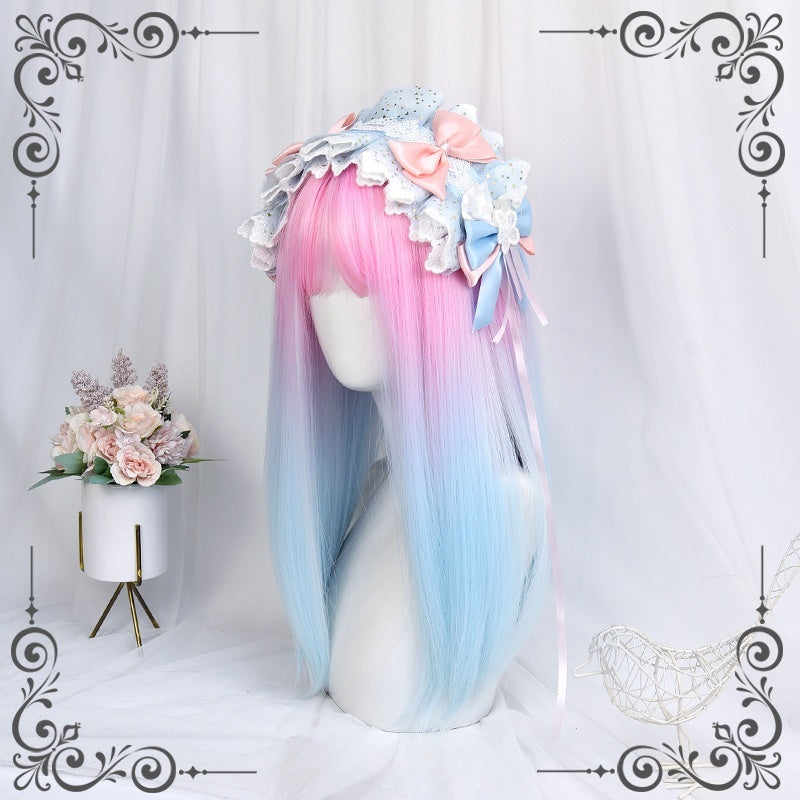 Long Straight Pink to Blue Mixed Color kawaii Wig