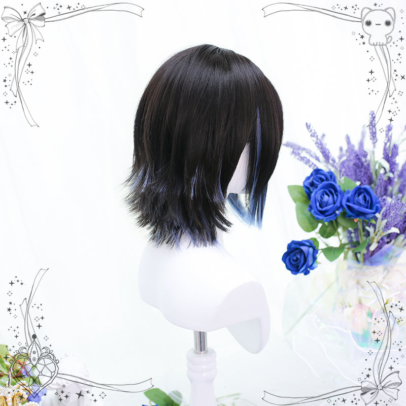 Short Dark Brown Y2K Wig with Blue Highlights