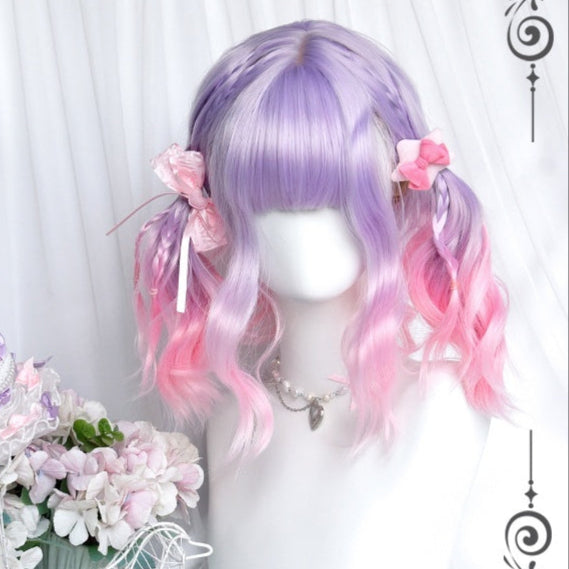 Short Curly Purple to Pink Mixed Ryousangata Wig