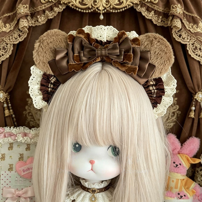 Chocolate Bear Bunny Ear Plaid Lolita KC Headband with Bow