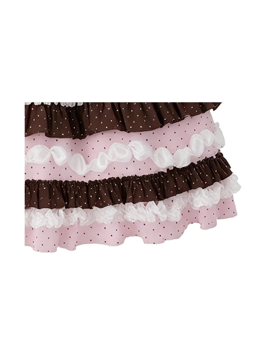 Chocolate Strawberry Polka Dot Puffy Long Cake Skirt