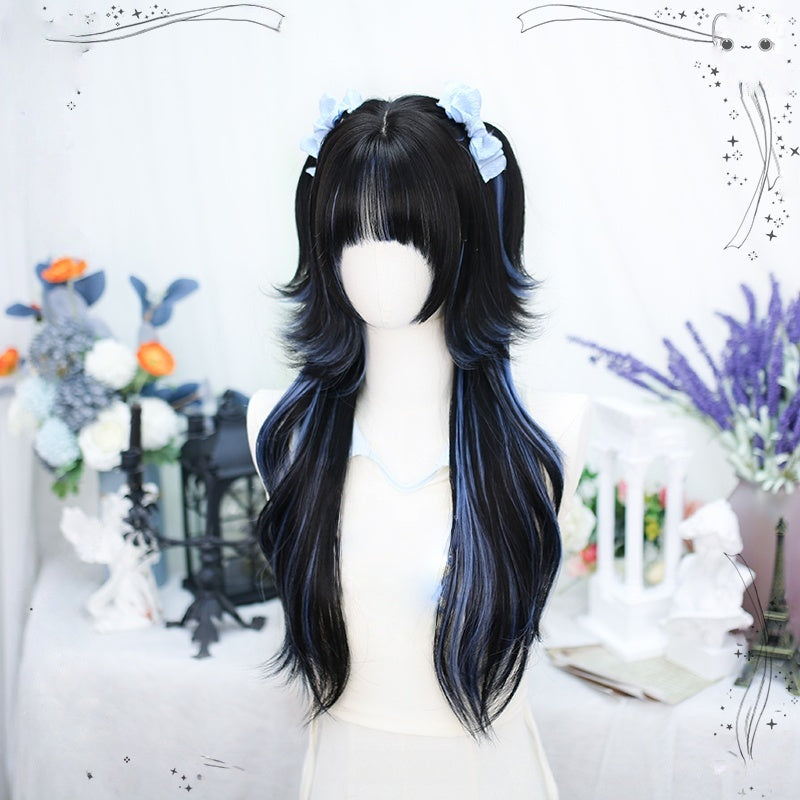 Long Black Curly Y2K Wig with Blue Highlights