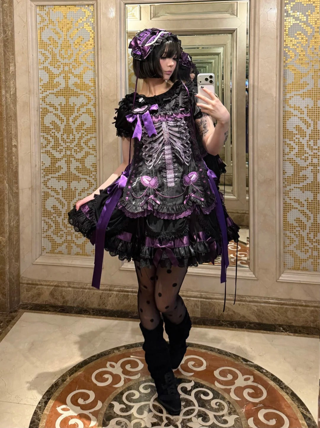 Strawberry Heart Bone Black and Purple Gothic Lolita OP Dress