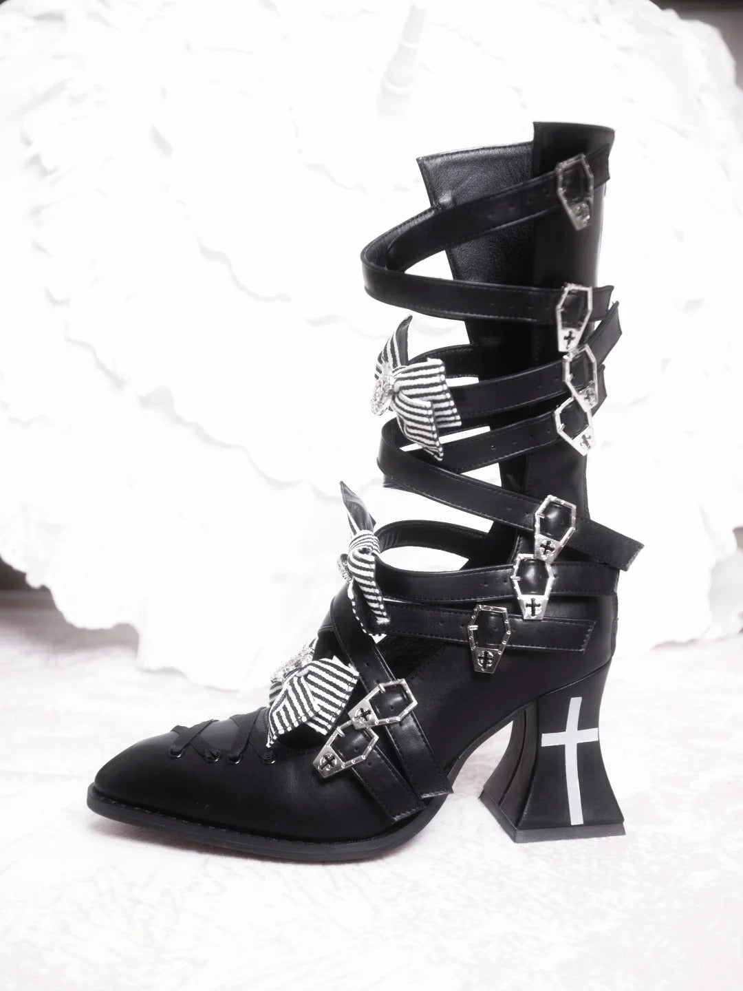 Moon Crow Cross Heels Gothic Lace-Up Pointed Half Cutout Boots