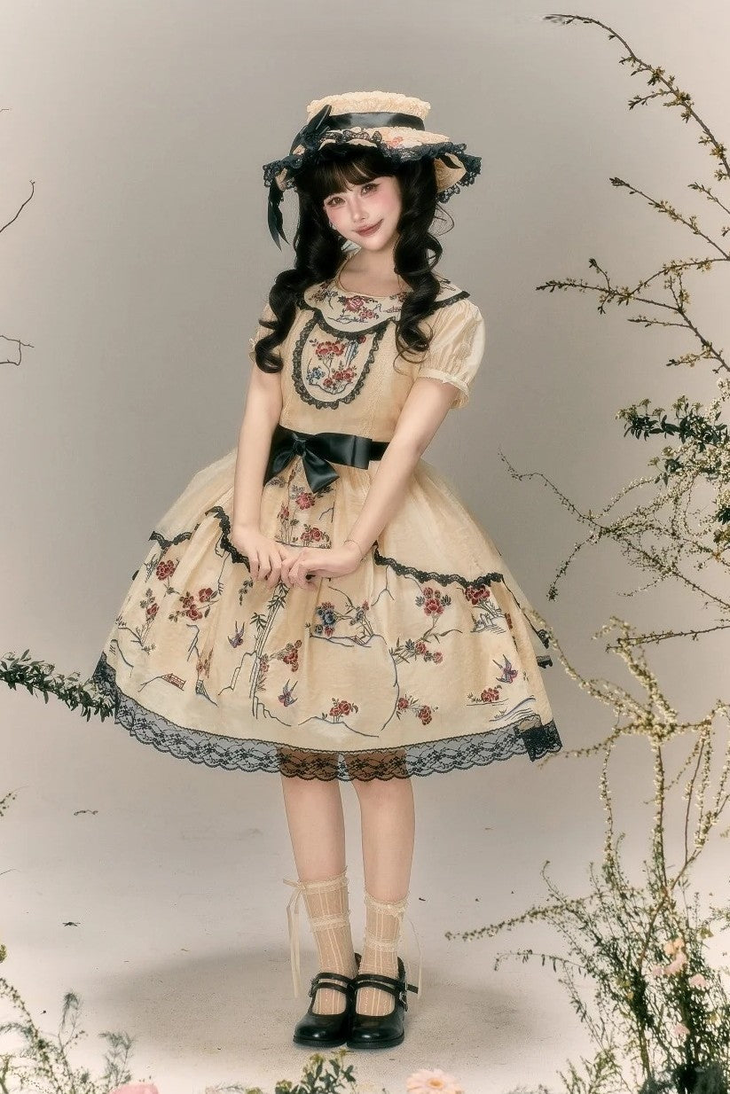 Floral Bird Amber Beige Hanfu Lolita JSK Dress Set