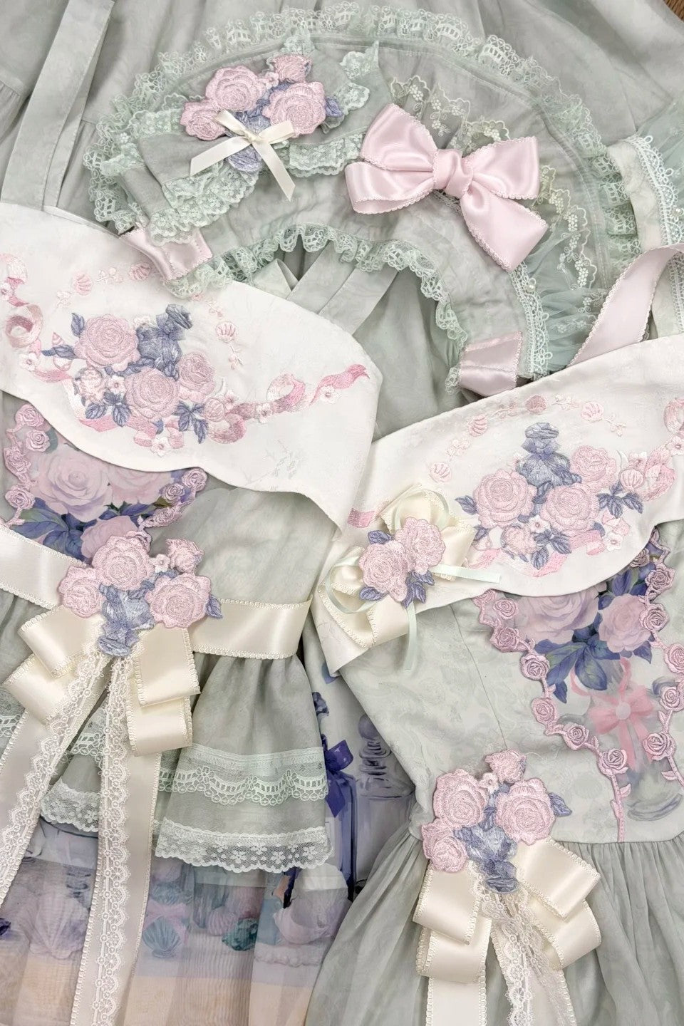 Morning Dew Rose Blue Green Hanfu Lolita JSK Dress Set
