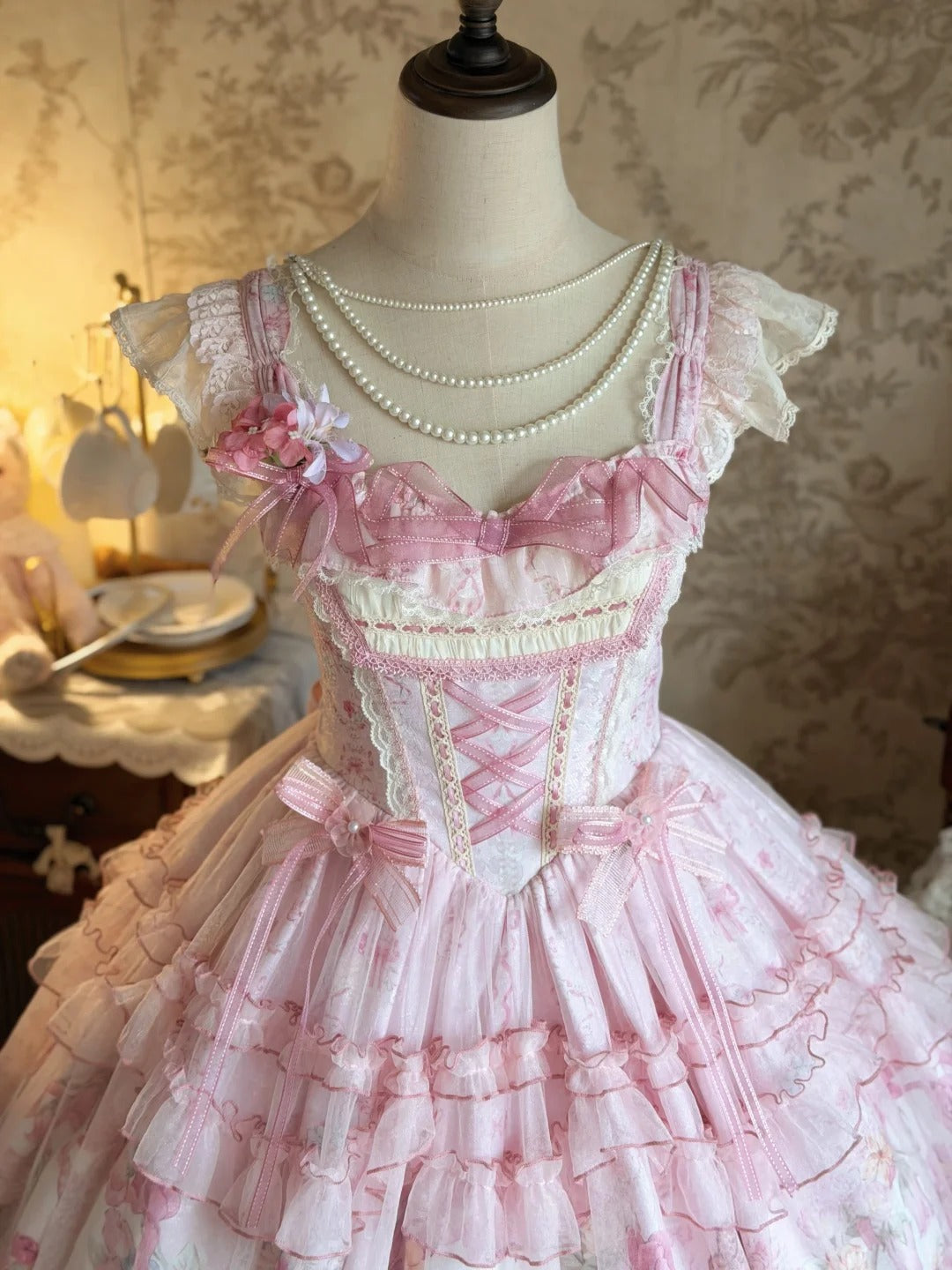 Pink Jacquard Print Sweet Classic Lolita JSK