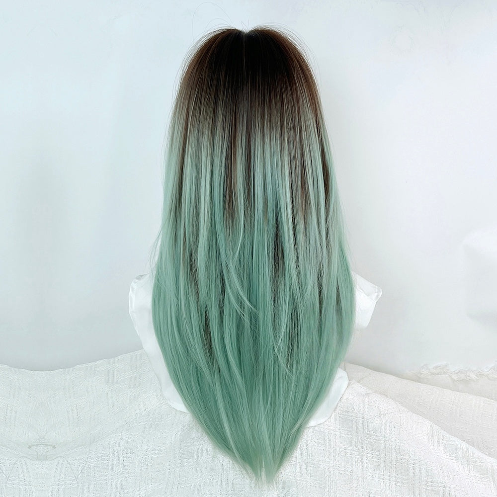 Long Straight Green to Brown Mixed Color Y2K Wig LE7002