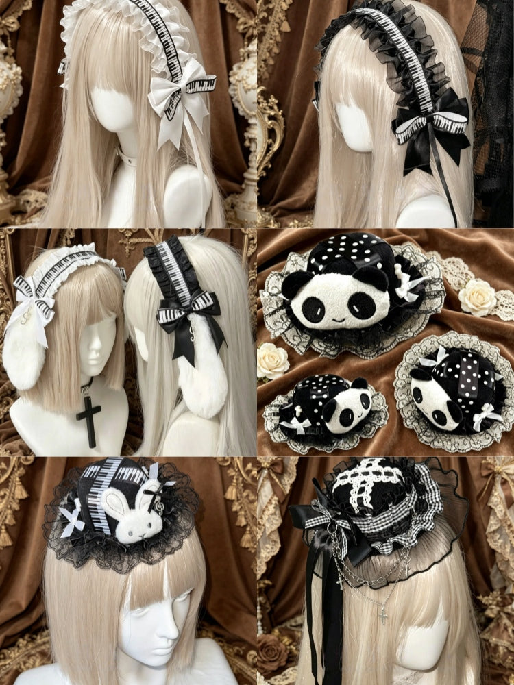 Piano Key Lace Bunny Ear Lolita Headband Mini Hat Hair Accessory Set