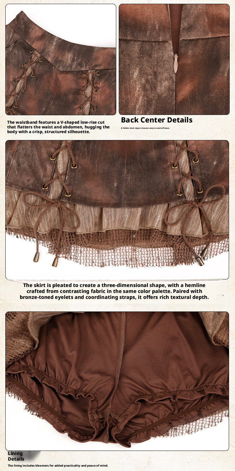 Ember Marks Distressed Foil Lace-Up Layered Mini Skirt with Fishnet Hem