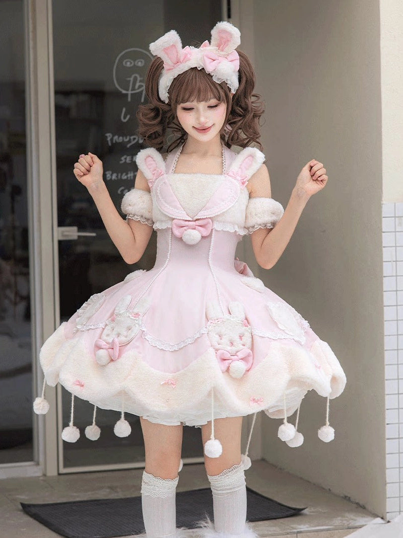 Bunny Ball 2.0 Lolita Winter Doll Style JSK Cape Set Pink Halter Version