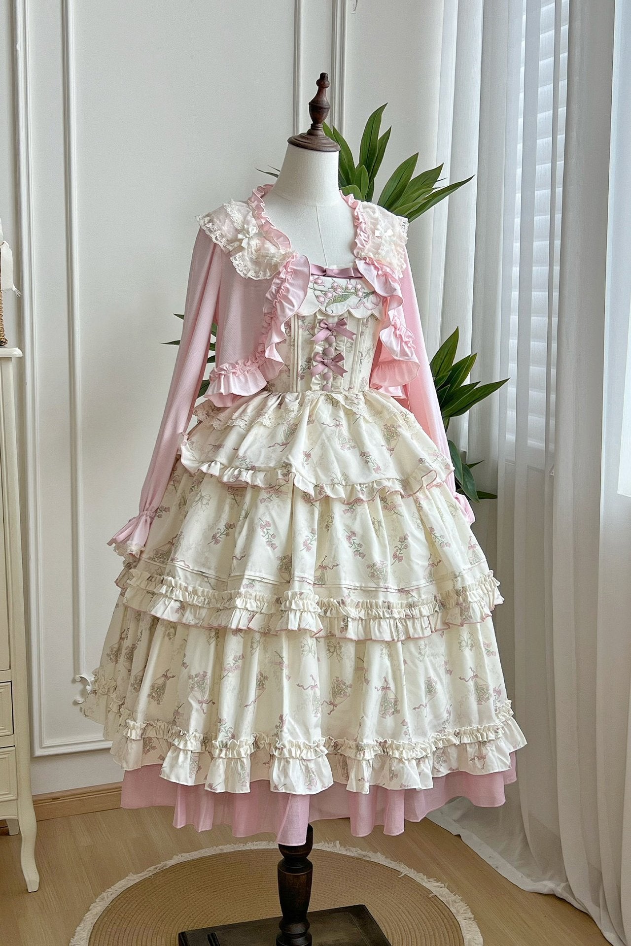 Fragrant Old Dream Pink Bellflower Embroidery Lolita OP & JSK Dress