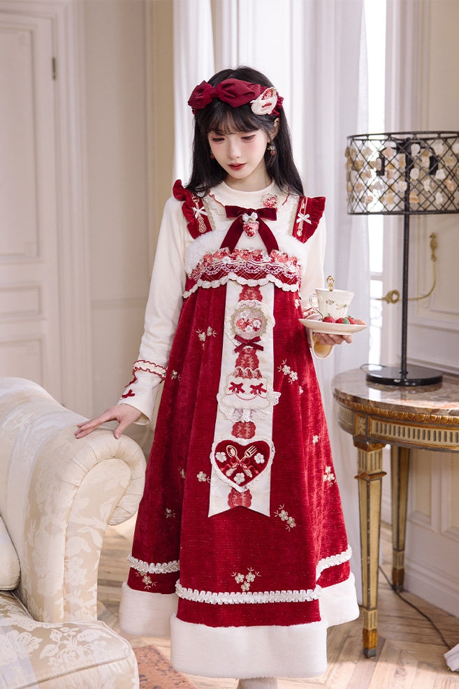 Pale Snow Strawberry Lolita Christmas Sweet Embroidery JSK Dress