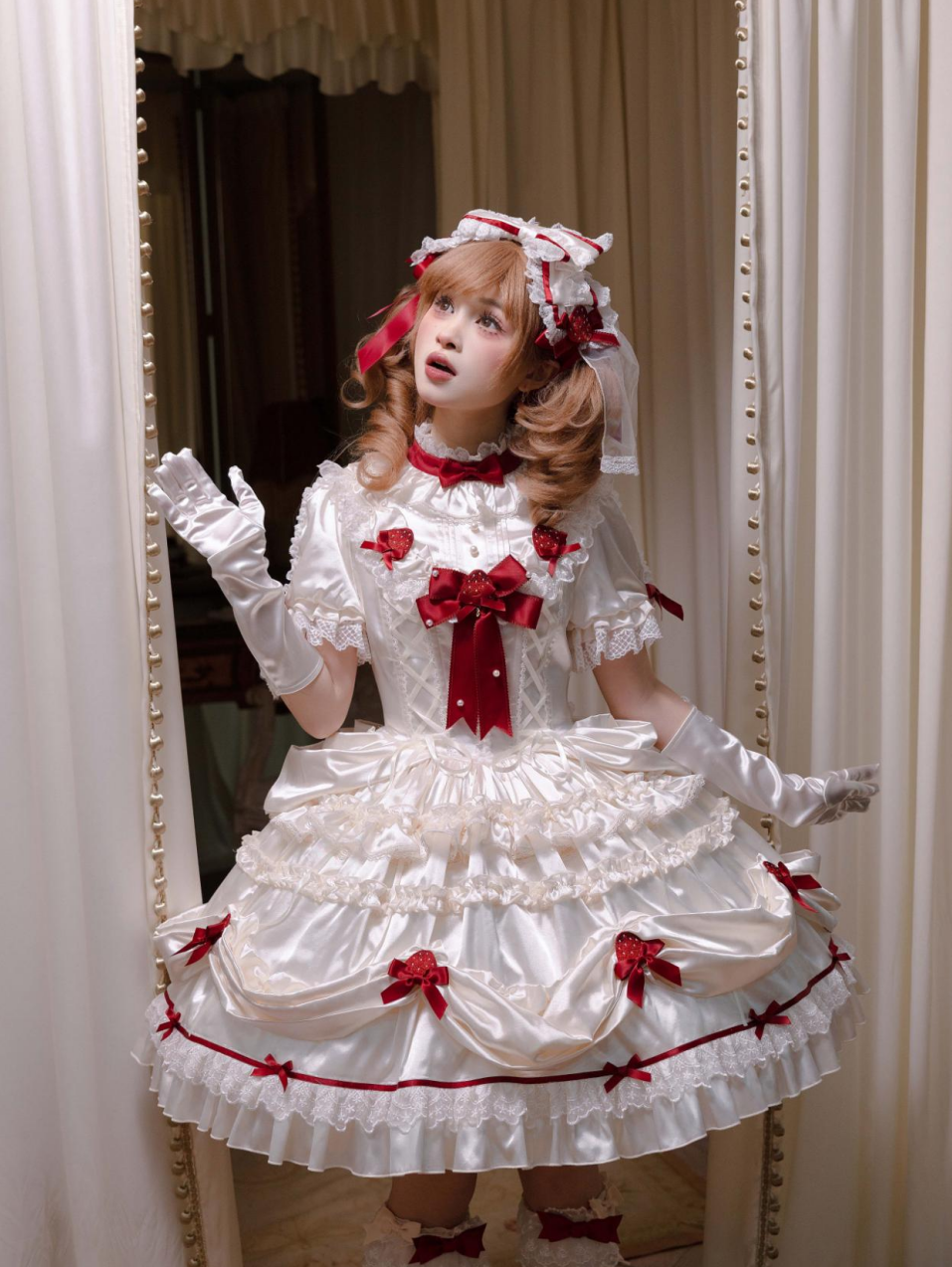 Paria Cream Strawberry Satin Lolita OP Dress