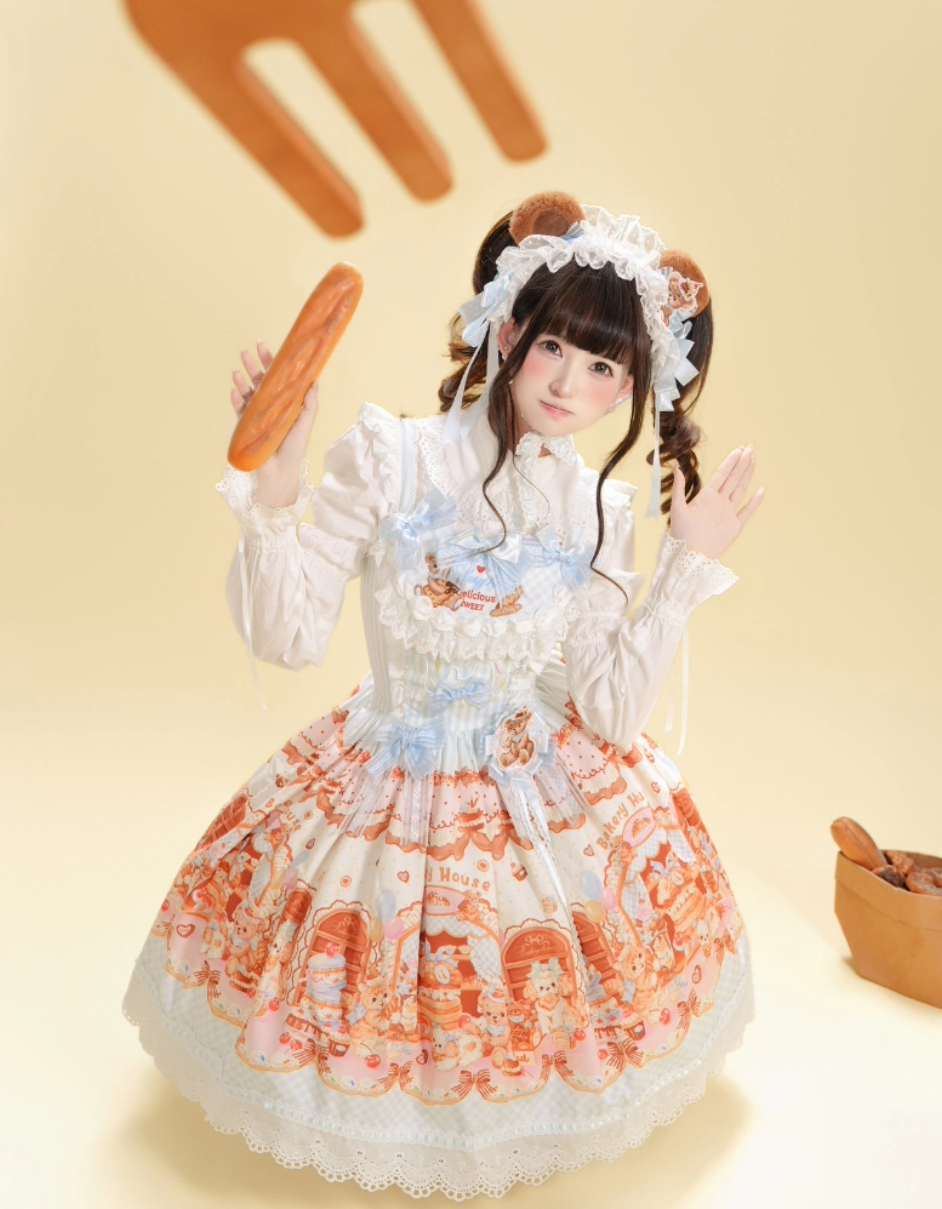 Cream Waffle Bear Lolita OP/JSK Dress