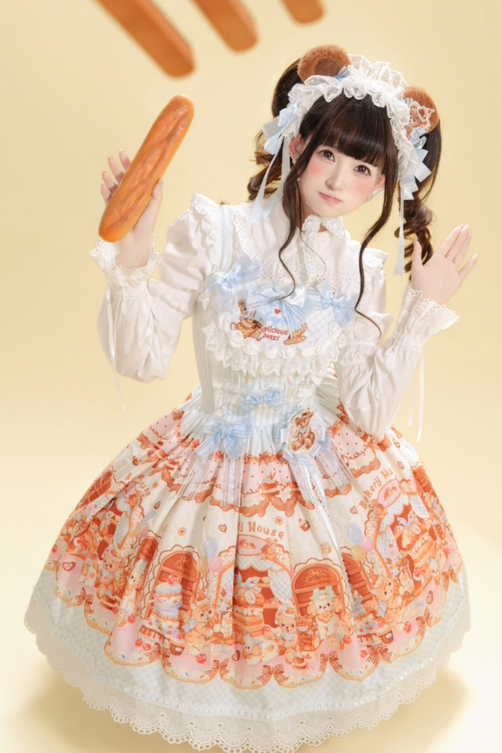 Cream Waffle Bear Sweet Lolita OP JSK Dress
