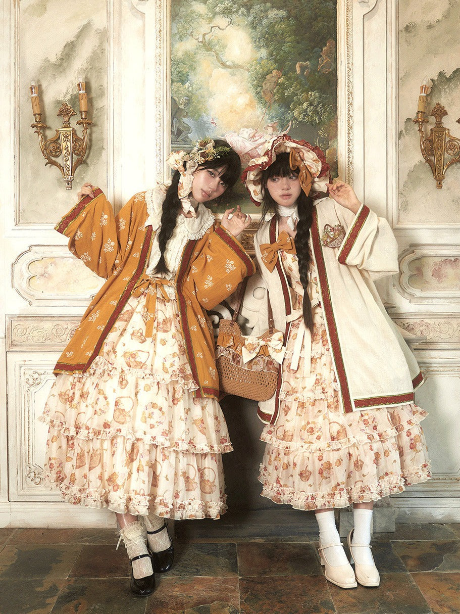 Blossoming Hibiscus Lolita Original Raccoon Sleeve Collar Blouse & Tiered Half Skirt Set