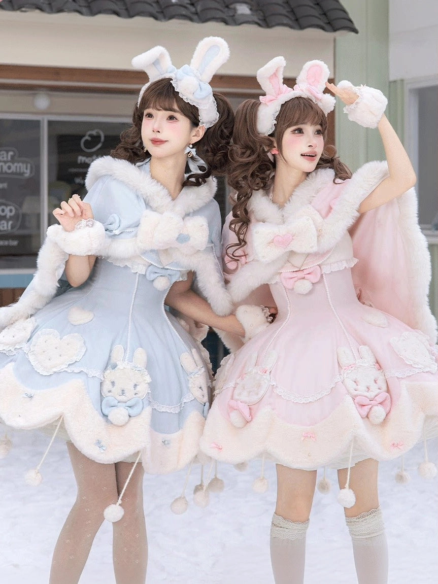 Bunny Ball 2.0 Lolita Winter Doll Style JSK Cape Set Pink Halter Version
