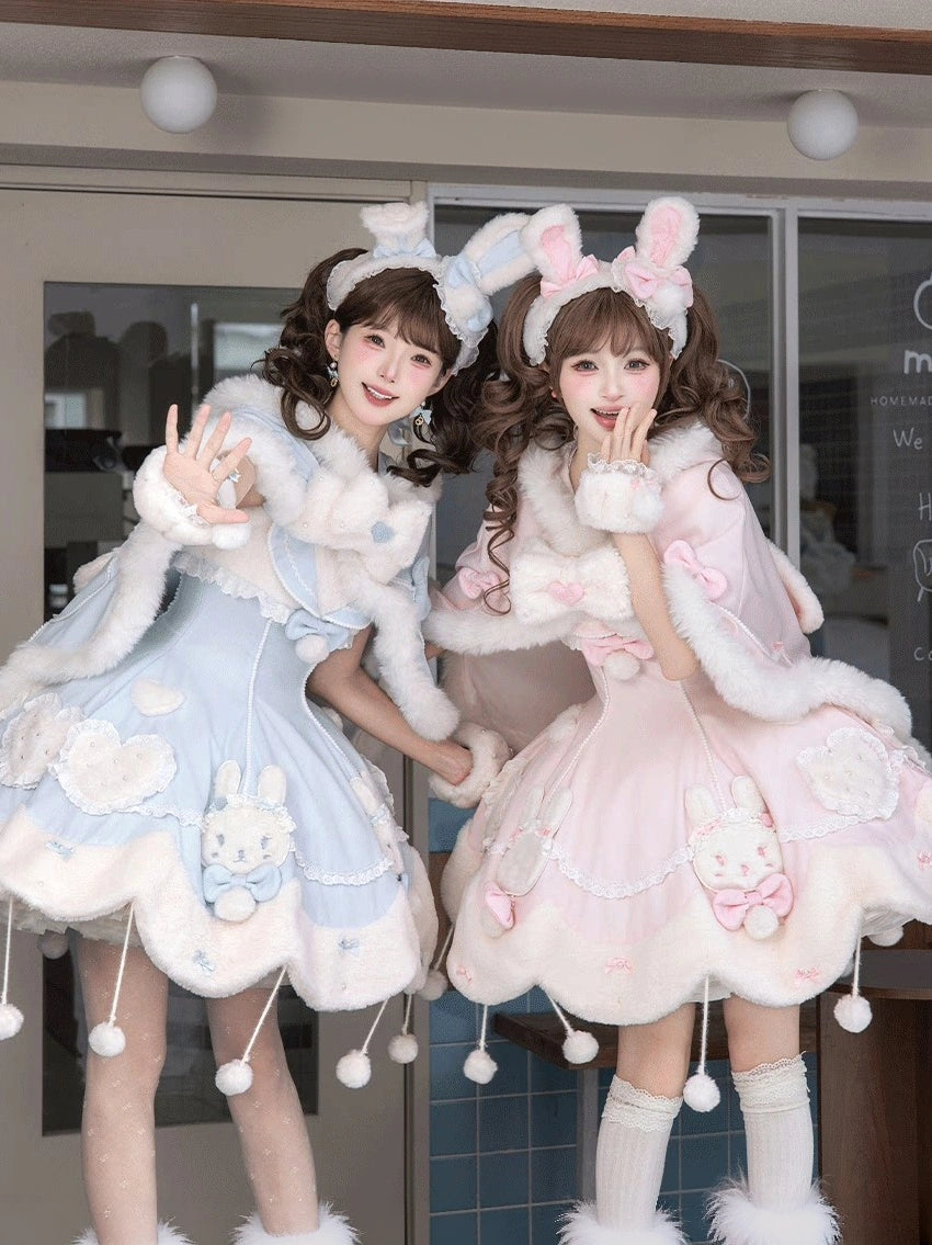 Bunny Ball 2.0 Lolita Winter Doll Style JSK Cape Set Pink Halter Version