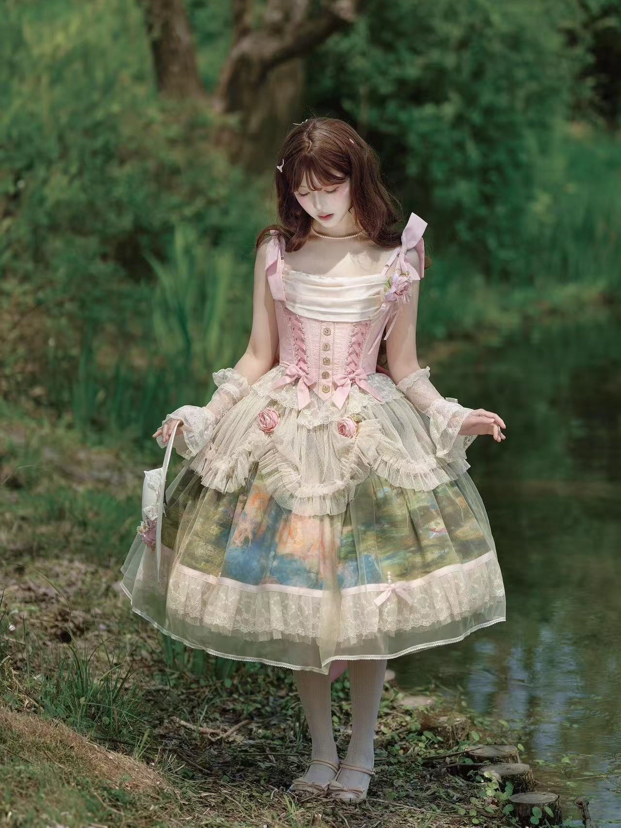 Monet's Garden Oil Painting Classic Lolita Corset & SK Dress Set