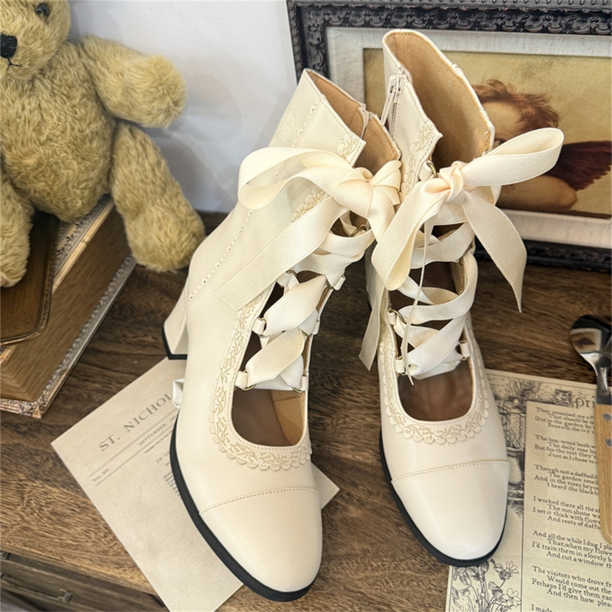 Angel Flower Wall Collaboration Lolita Original Lace-up Ankle Boots