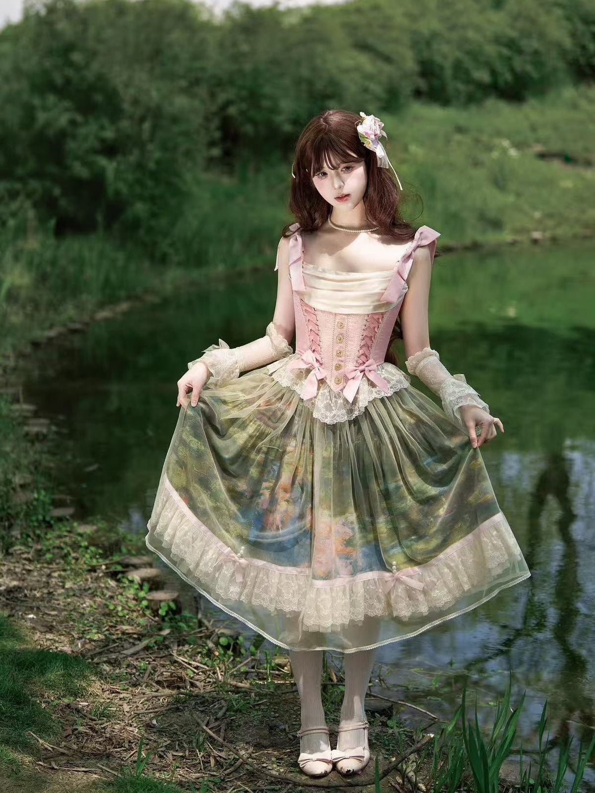 Ensemble Robe et Corset Lolita Classique "Le Jardin de Monet" (Peinture à l'Huile)