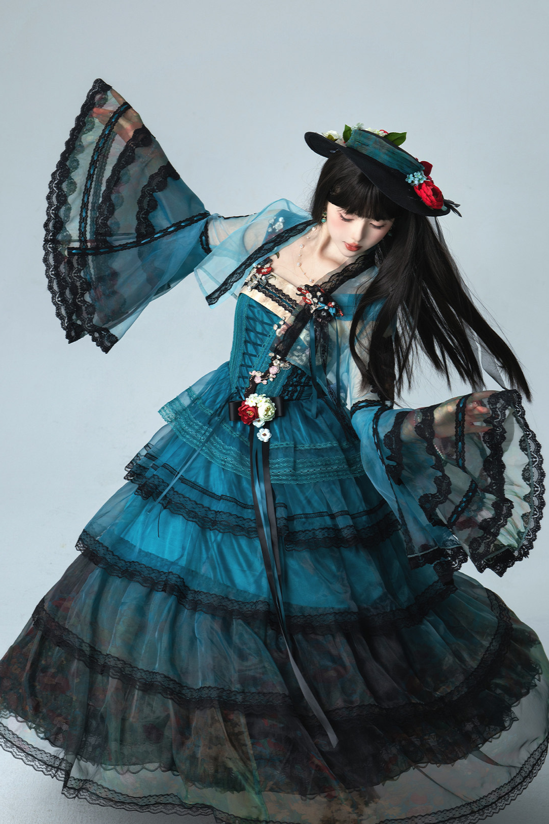 Misty New Dawn Peacock Blue Classic Lolita Long JSK Tea Party Set