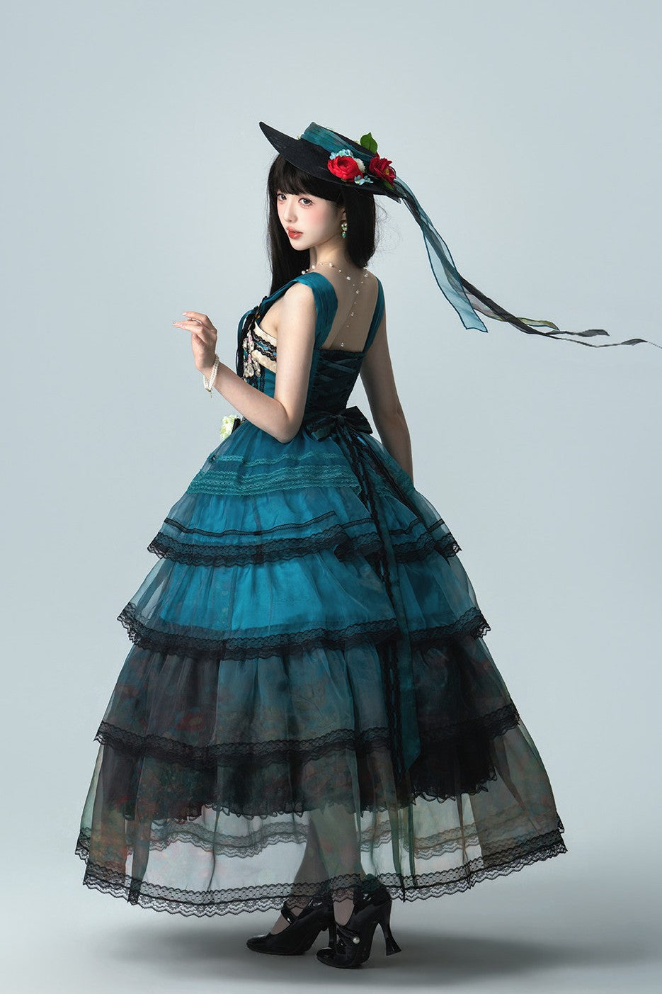 Misty New Dawn Peacock Blue Classic Lolita Long JSK Tea Party Set