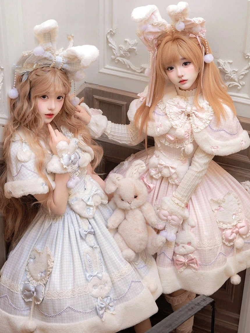 Bunny Ball 2.0 Lolita Winter Doll Style JSK Cape Set Pink Plaid Version