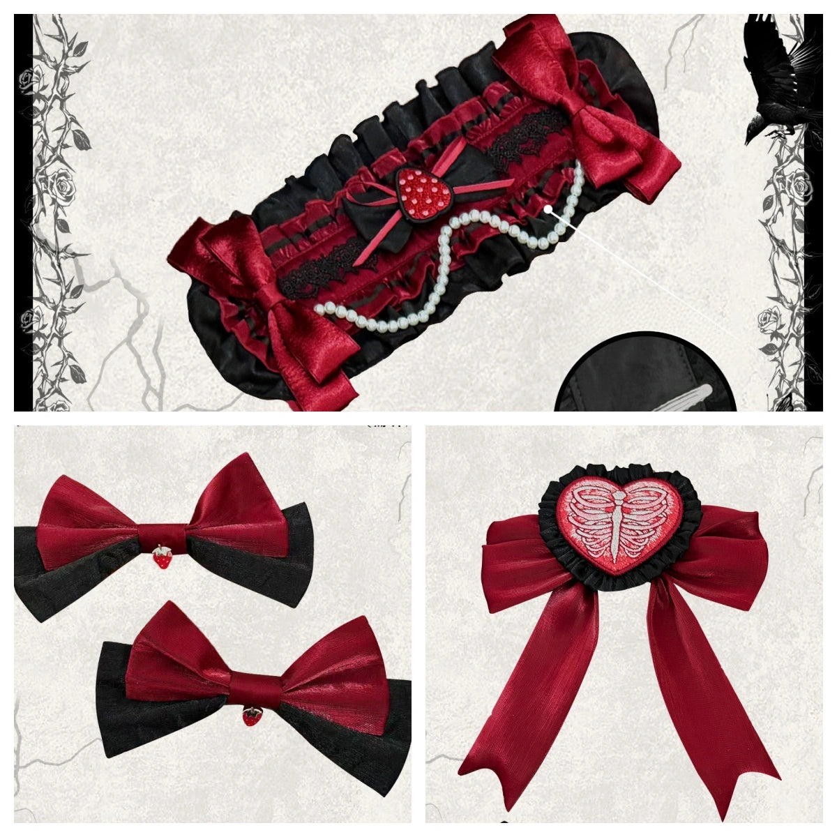 Strawberry Heart Bone Black and Red Gothic Lolita OP Dress