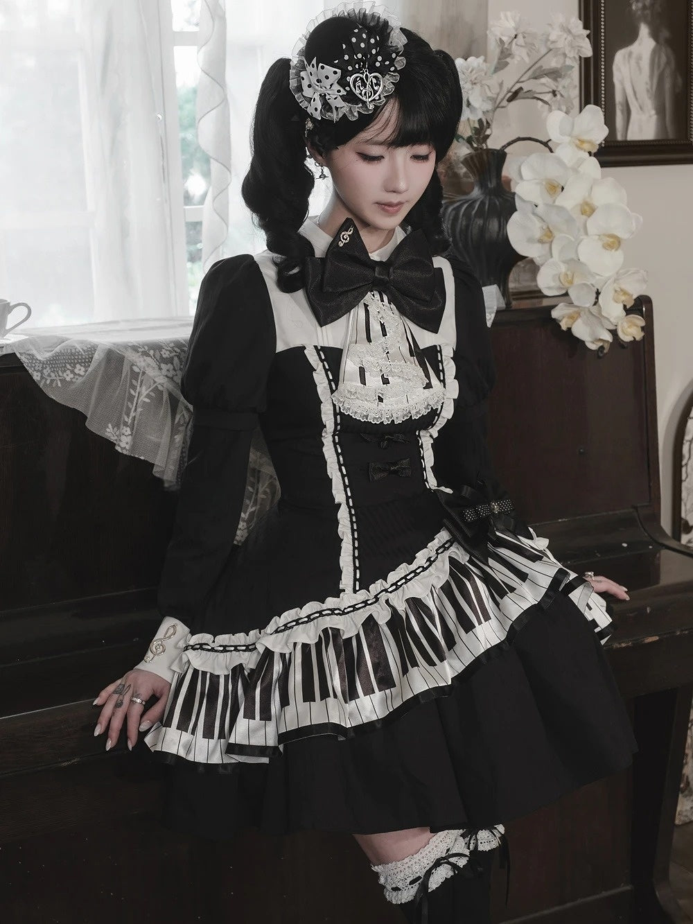 lvory & Eboony Piano Keys Black & White Gothic Stand Collar Cinched Dress